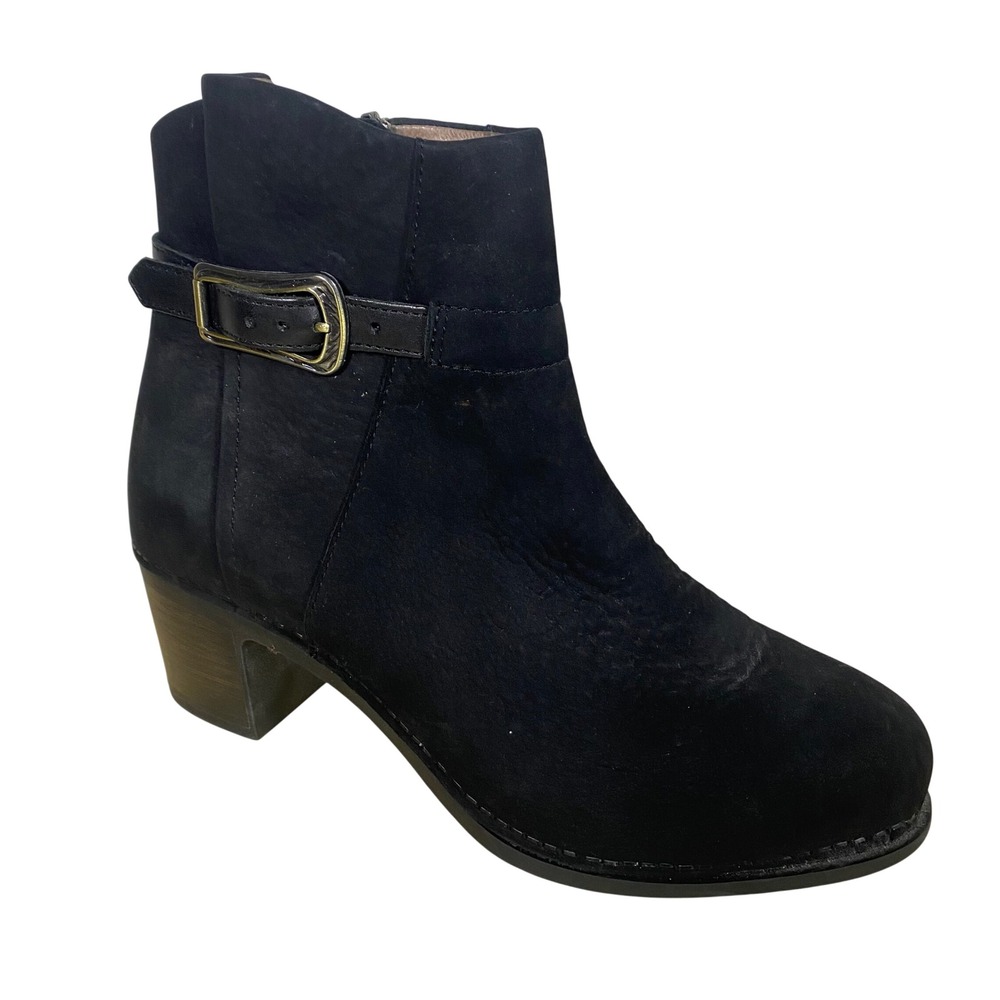 Dansko Black Nubuck Leather Ankle Boots Buckle Side Zip Block Heel Size 39